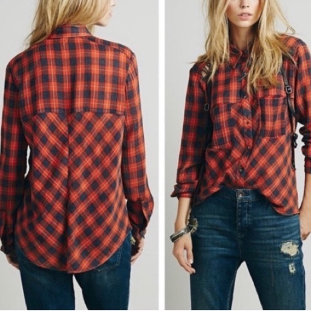 Free People Women's Plaid Snap Button Shirt Open Shoulder Orange Size Small
